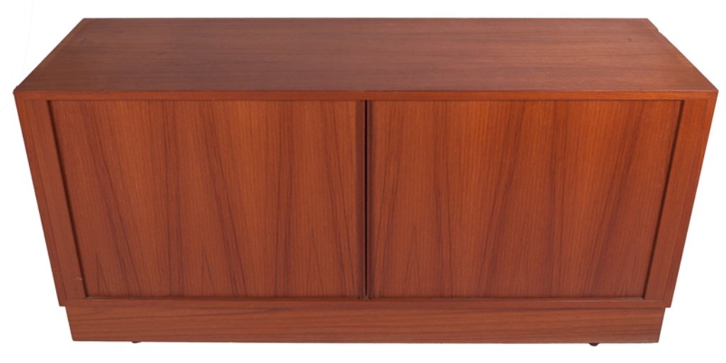 Danish Mid-Century Teak Sideboard: Danish mid-century teak sideboard with tambour doors and adjustable shelving pegs (shelves not included); marked to back "Made in Denmark"; measures approximately 26-1/2" tall, 54-1/2" wide, and 17" d
