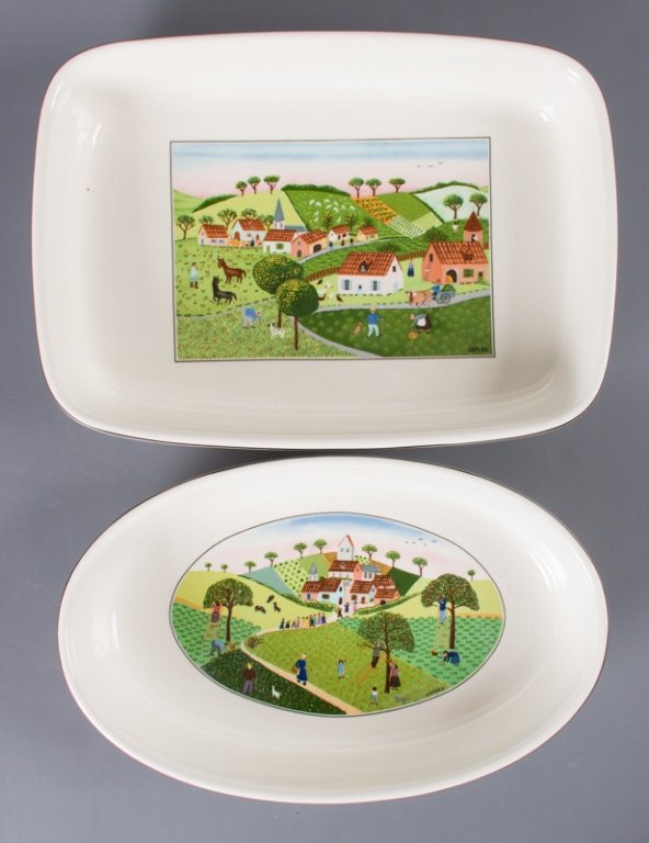 Villeroy & Boch "Naif" Pattern Casseroles, Two (2): Includes a rectangular casserole that measures approximately 2-1/4" tall, 14" long, and 10" wide as well as an oval casserole that measures approximately 2-1/4" tall, 13-1/4" long, and 8-1/4" wide; bo