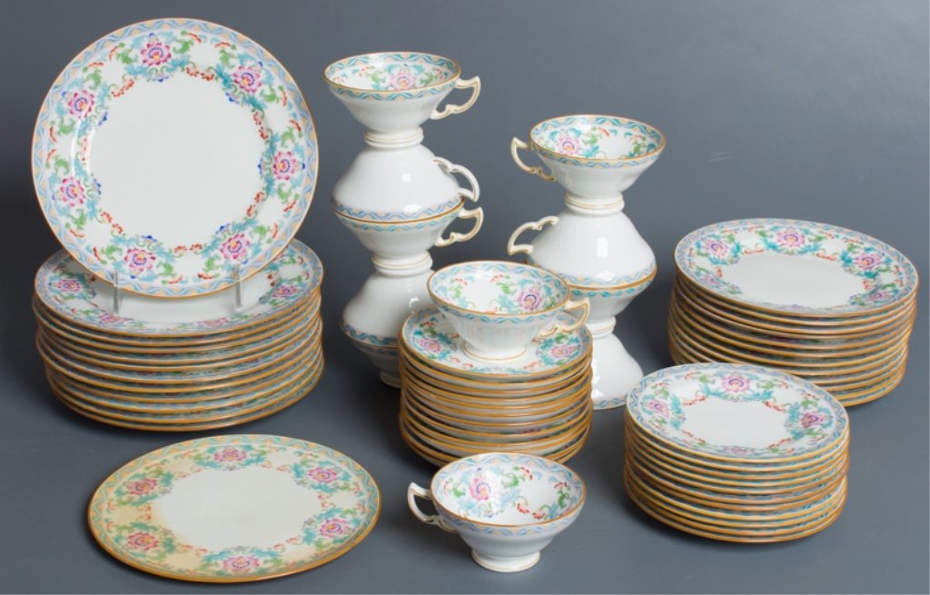Mintons China Collection, Fifty-Eight (58): Minton china pattern B833, with aqua green scroll and floral border of approximately fifty-eight pieces; collection includes eleven cups (2" tall and 4" in diameter), twelve saucers (5-5/8" in diamete