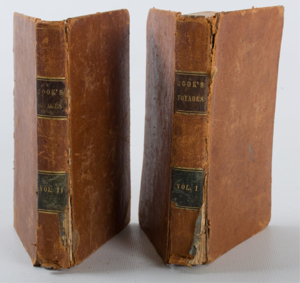 Captain James Cook Narratives in Two (2) Volumes: "A Narrative of the Voyages Round the World Performed by Captain James Cook" by A. Kippis; in two volumes; published by H. & E. Phinney, Cooperstown, NY, 1842; leather covers with gilded lettering; ea
