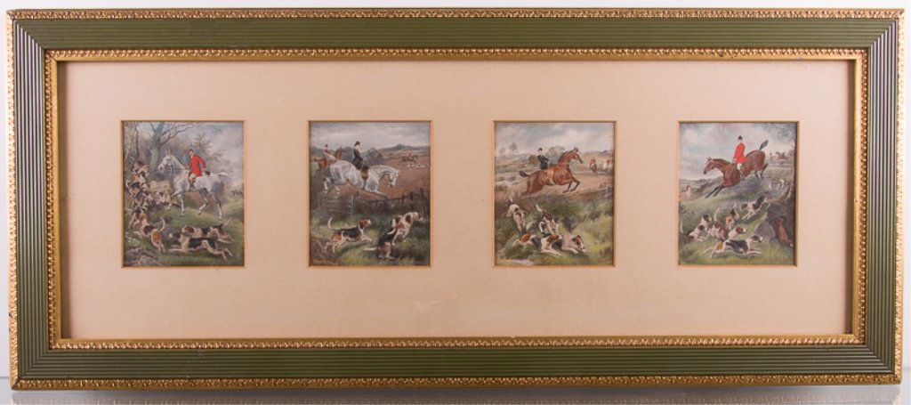 John Wilson Hepple Hand-Colored Prints: Four small 19th century hand-colored hunting prints by John Wilson Hepple (British1886-1939) together in one frame; with artist bio and framing info verso; measures approximately 13-3/8" x 31-1/2" wit