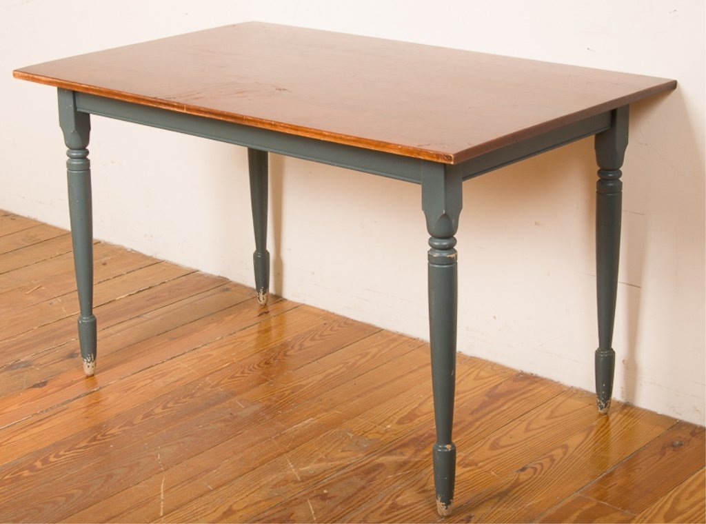 Nichols & Stone Company Dining Table: Nichols & Stone Company dining table signed to bottom with teal painted legs; measures approximately 29-3/8" tall, 30" wide, and 48" long; in Good overall condition with minor scuffing throughout.