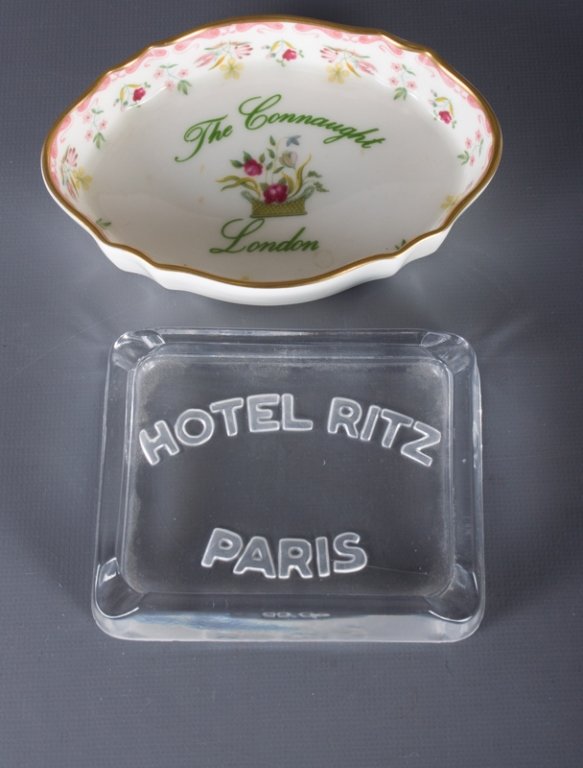 Vintage London & Paris Hotel Ashtray & Dish Pair: Includes a stylized oval dish from "The Connaught London" with floral pattern and marked to bottom "Wedgewood metallised bone china Made in England", with approximate length of 5", width of 3-1/2", an