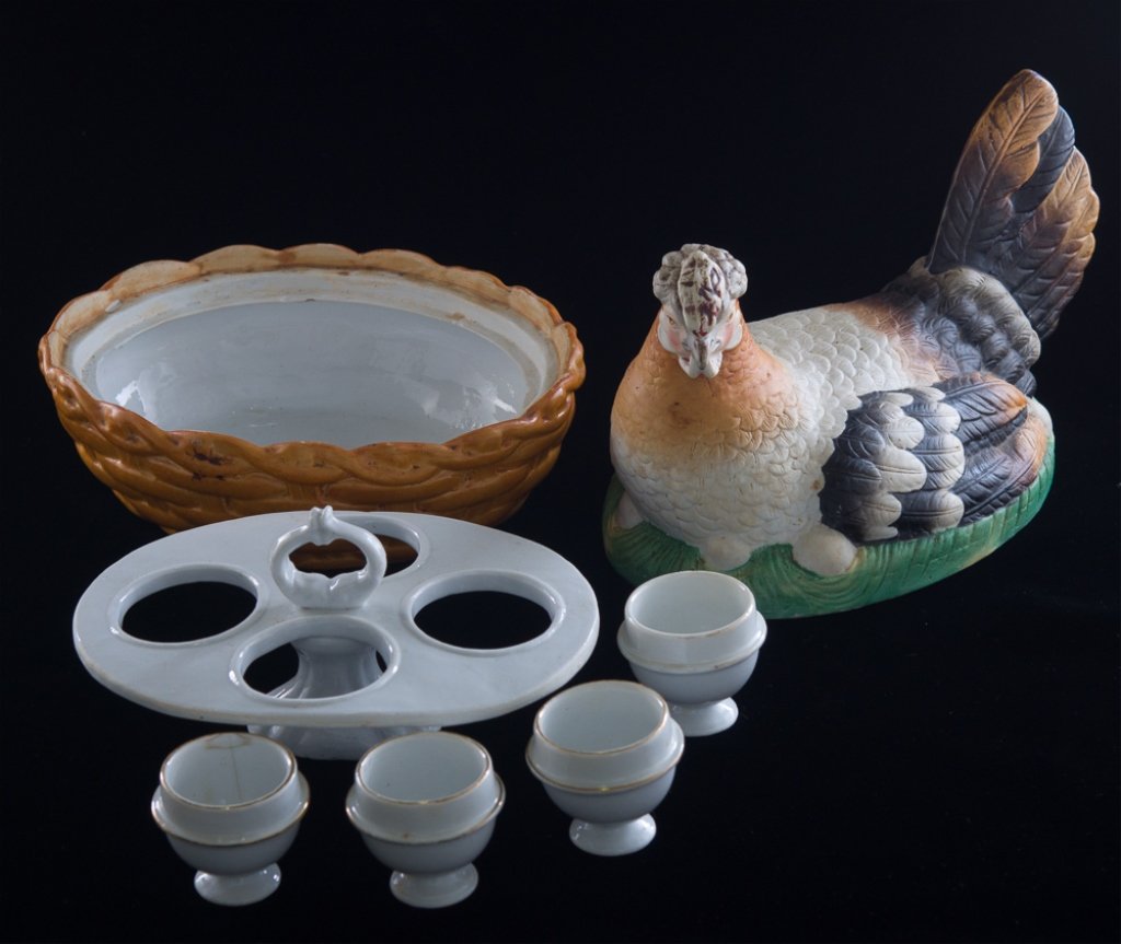 Porcelain Hen on Nest w/ Egg Holders & Insert: Gorgeous vintage set, possibly Staffordshire, hand-painted with some fading, with porcelain ecru insert of four ecru with gold rim individual egg cups (one with crack, another with gold rim faded). In