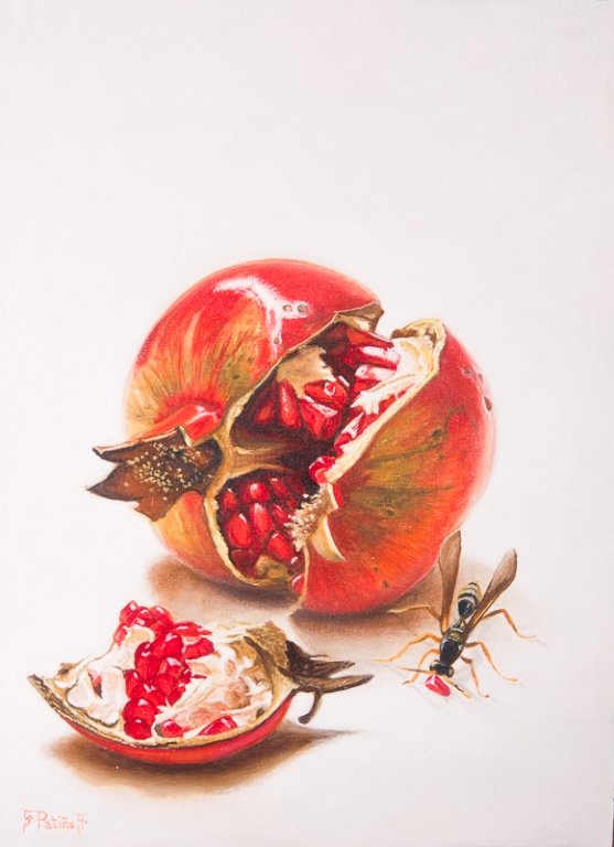 German Patino Guardia "Avispa" Oil on Canvas: German Patino Guardia (Bolivian 20th century) oil on canvas board "Avispa"; depicting a wasp and pomegranate; painting info verso; signed to bottom left corner; measures approximately 22-1/2" x 17-5/8
