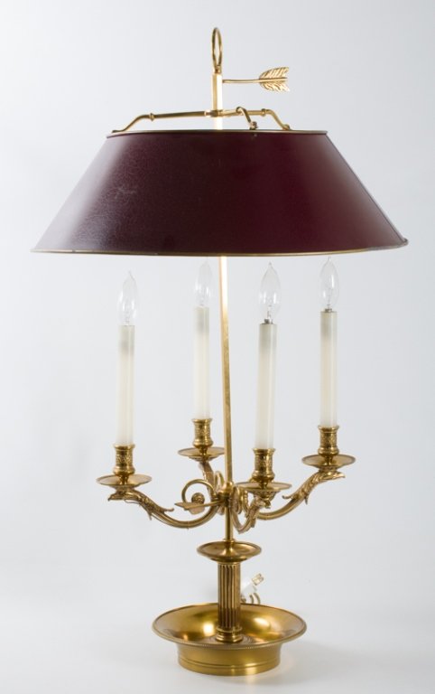 Brass Bouillotte Style Table Lamp: Brass table lamp with four scrolled eagle's head light prongs as well as goose neck and arrow accents throughout; top arrow piece adjusts shade; measures approximately 36-1/4" tall and 21-1/4" in diam