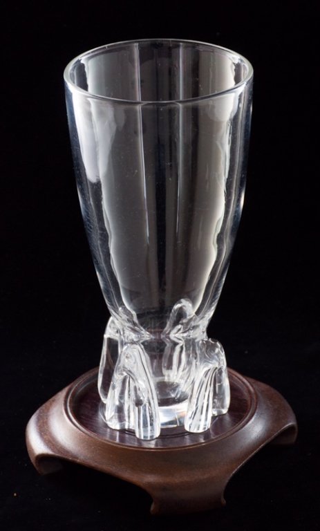 Steuben Crystal Vase w/ Stand: Steuben crystal vase signed to bottom; measures approximately 9-7/8" tall without stand and 4-7/8" in diameter to top; in Good overall condition with no apparent chips or cracks and very minimal wear.