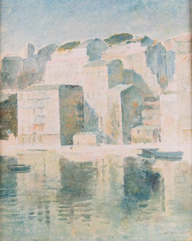 Jose Fabri-Canti Oil on Canvas Painting: Jose Fabri-Canti (France, 1910-1994) oil on canvas depicting a coastal French village; signed to bottom right corner; gilt framed; measures approximately 29-1/4" x 25" with frame and has a sight image