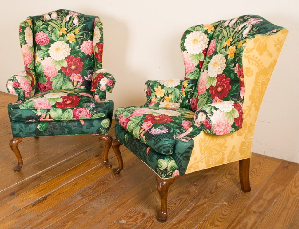 Henredon Floral Print Armchairs, Pair: Pair of Henredon floral print armchairs; each measures approximately 44" tall to top of back, 31-3/4" wide, and 22-1/2" deep; both in overall Fair condition with damage mostly confined to back upholst