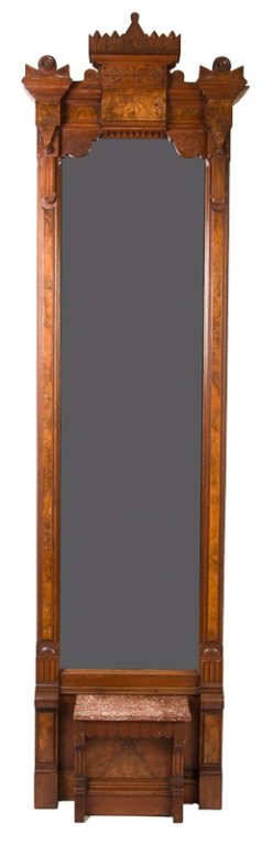 Antique Eastlake Pier Mirror w/ Marble Shelf: Walnut frame with Burlwood veneer and elaborate carvings throughout; features a burgundy marble shelf to base; measures approximately 103-1/2" tall to top of decorative crest, 25-1/2" wide, and 9" dee