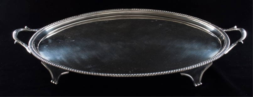 Thomas Wallis II, London, 1801 Sterling Tray: London, 1801, (attributed to Thomas Wallis II, c. 1777 - c. 1810) sterling silver oval serving tray with scalloped rim and acanthus leaf handles; features several marks to bottom including a lion pass