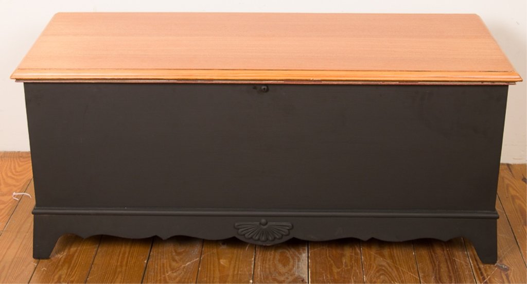 Lane Painted Chest: With exposed wood top and black painted bottom; features green felt lined dual compartment to inside; marked to inside of lid "Lane Altavista, Va."; measures approximately 20-3/4" tall, 47-3/4" wide, 