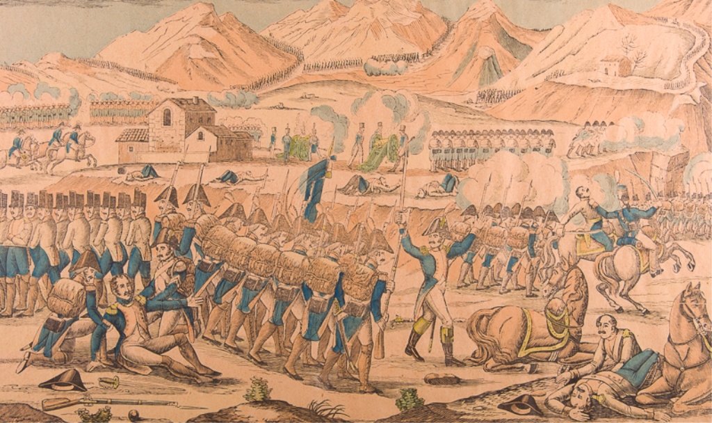 Pellerin French Battle Print "Bataille de Rivoli": Antique Pellerin French battle print "Bataille de Rivoli"; titled to top, and marked to to bottom right corner "De la Fabrique de Pellerin, Imprimeur-Libraire, à Epinal", with a description of the ba