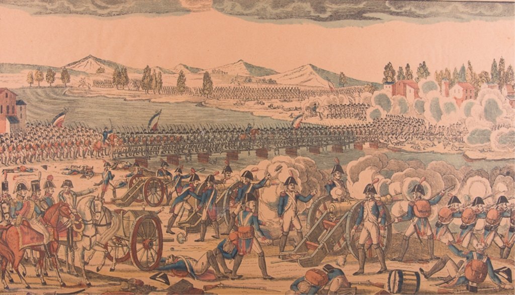 Pellerin Battle Print "Bataille et Passage...": Antique Pellerin French battle print "Bataille et Passage du Pont de Lodi"; titled to top, and marked to to bottom right corner "Fabrique de Pellerin, Imprimeur-Libraire, à Epinal", with a descriptio