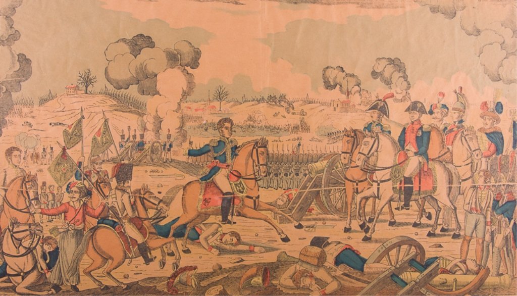 Pellerin Battle Print "Bataille D'Austerlitz": Antique Pellerin French battle print "Bataille D'Austerlitz"; titled to top, and marked to to bottom right corner "Fabrique de Pellerin, Imprimeur-Libraire, à Epinal", with a description of the battl