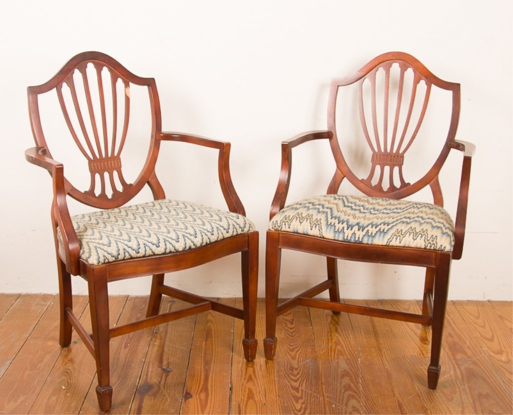 Thomasville Hepplewhite Style Chairs, Pair: Mahogany frame with serpentine front edge, shield back, and spade feet; each features a blue and cream zigzag pattern upholstery (not matching); labeled to bottom; each measures approximately 37-1/2"