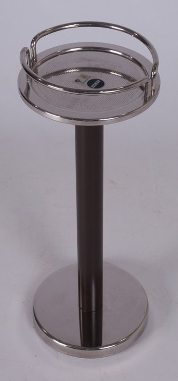 Alessi Mid-Century Wine Cooler Stand: Mid-century Alessi stainless steel wine cooler stand with dark brown epoxy resin lacquered steel column and textured flat top; heavy base to prevent tipping; measures approximately 25" tall and 9-1/2"