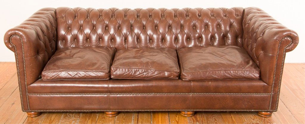 Masters Inc. of Hickory Leather Tufted Couch: Brown leather, three-cushion couch with tufted back and nail head trim; labeled under cushion; measures approximately 29" tall to top of frame, 17" tall to top of seat, 84" wide arm to arm, and 20" de