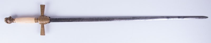Civil War Era Militia Sword, W.H. Hortsman & Sons: Civil War era non-commissioned officer's militia sword with bone (ivory) hilts and brass guards. Crack to bone on hilt. "E. Pluribus Unum" inscribed to one side of the beautifully designed scabbard wh