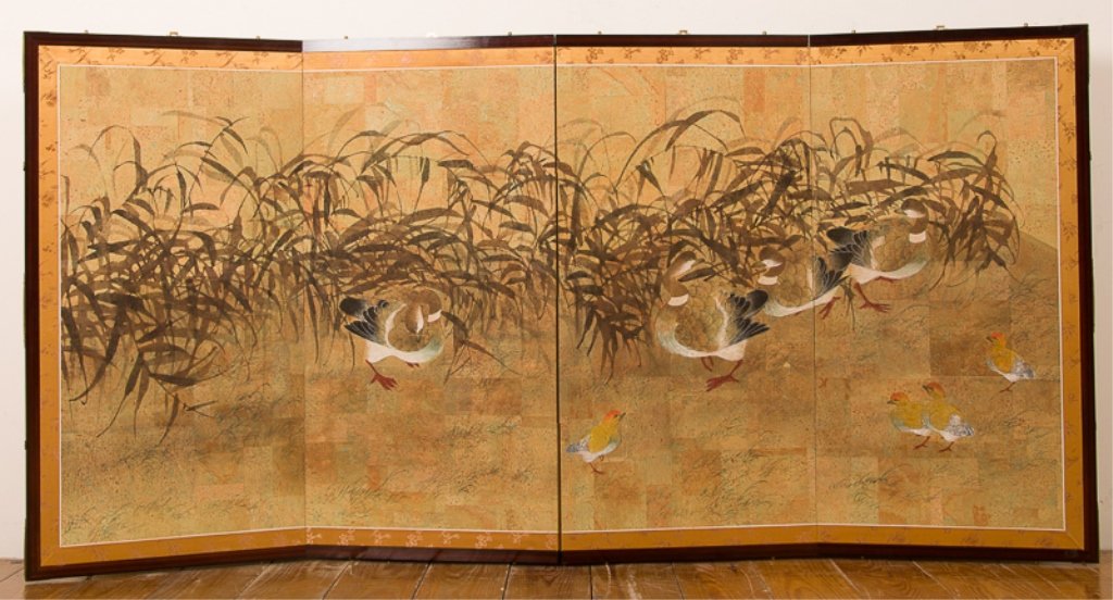 Chinese Screen Painting, Four-Panel: Watercolor depicting ducks (symbolic of marriage and harmony) and other birds on a thinly sliced cork paper with golden silk brocade border and wood frame; was originally a table-top screen but has be