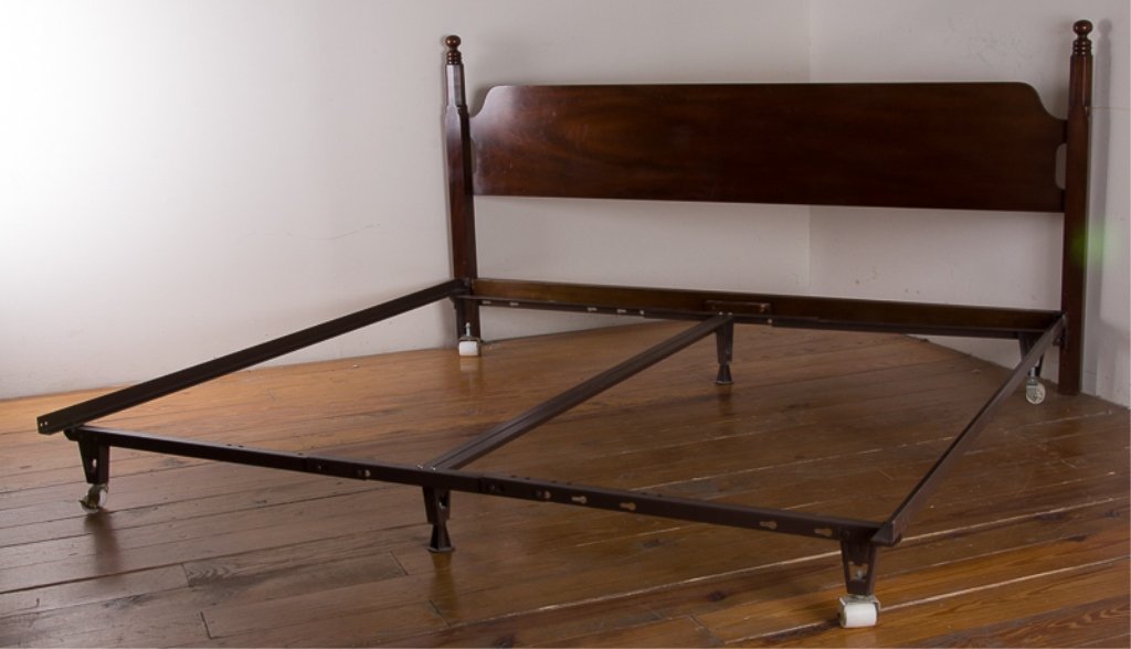 Mahogany King Bed: Headboard measures approximately 40-1/4" tall to top of finial and 79" wide; in Good overall condition with slight wear.