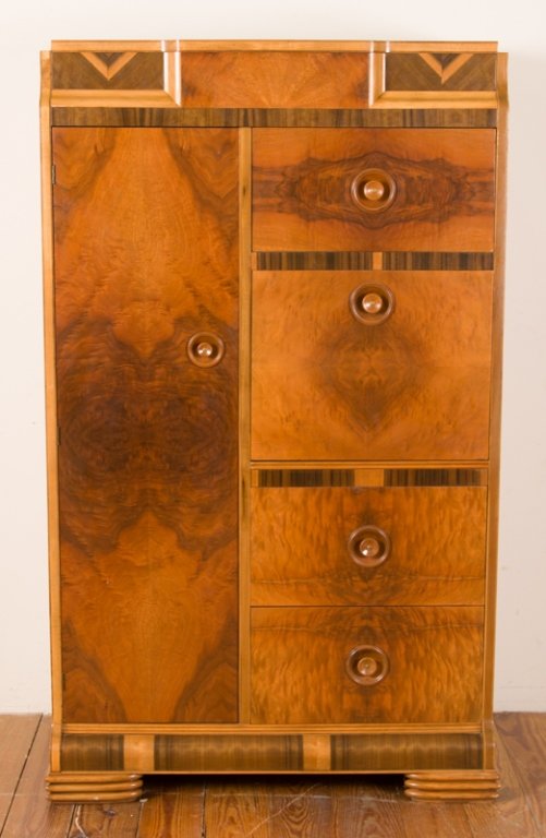 Mid-Century Art Deco Armoire/ Secretary: Mid-century Art Deco armoire/ secretary; features a left cabinet wardrobe with mirror, a drawer to top right, a middle fold down desk with light and organizer, and two bottom drawers; with curly maple