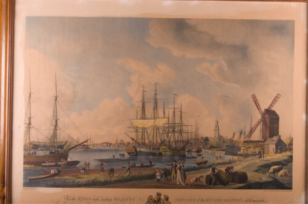 Robert Dodd Nautical Engraving in Colors, Framed: Nautical engraving in colors after Robert Dodd; some hand-coloring throughout; marked to bottom left corner "Painted by Robert Dodd", marked to bottom middle "To the King's most excellent Majesty This
