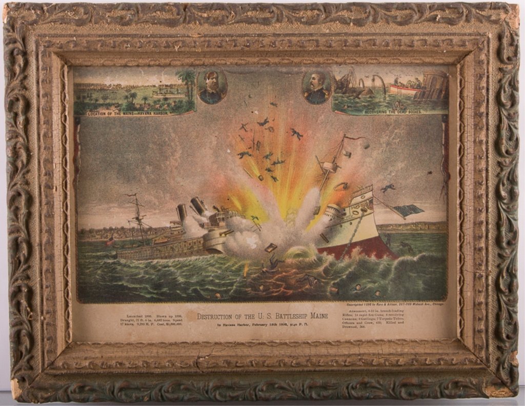 "Destruction of the U.S. Battleship Maine" Litho: Antique Spanish American War colored lithograph "Destruction of the U.S. Battleship Maine: In Havana Harbor, February 15th 1898, 9:40 P.M."; marked to bottom right "Copyrighted 1898 by Kurz & Allison,