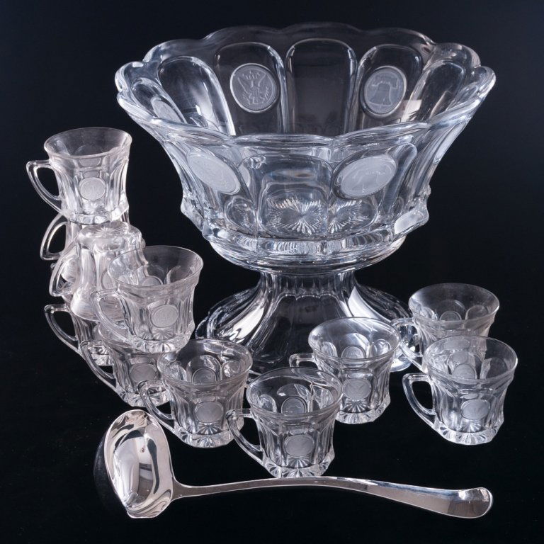 Fostoria Coin Glass Punch Bowl Set, Fourteen (14)