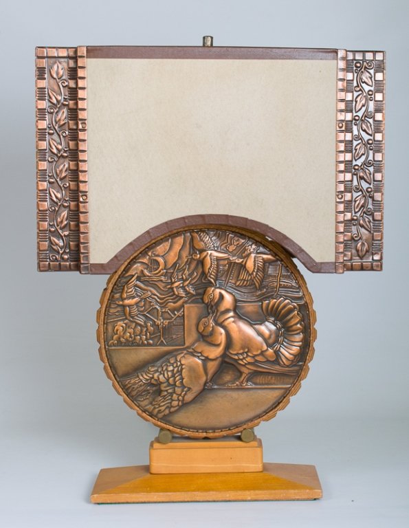 Albert Gilles Art Deco Lamp: Art deco copper sheeted wood lamp with shade; avian depiction; signed "A.Gilles" to front; measures approximately 23-1/2" tall, 17-1/4" wide to shade, and 7-3/4" deep to shade; appears to be in Good w