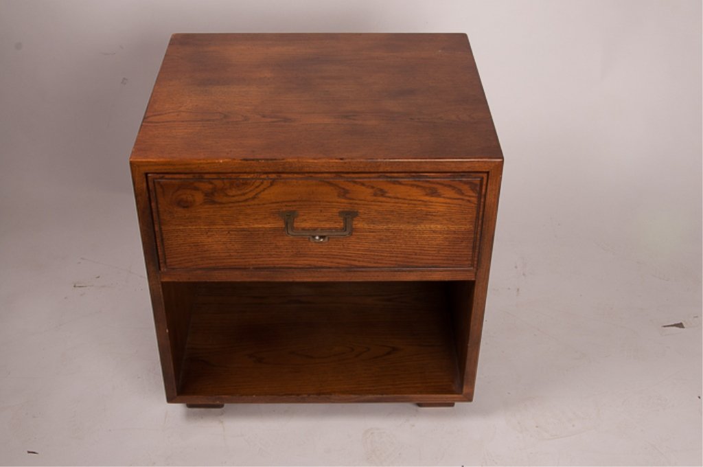 Henredon Artefacts Nightstand: Henredon Artefacts nightstand features one drawer, bottom shelf, and brass accent handles; marked to top drawer; measures approximately 22-3/4" tall, 22" wide, and 18" deep; in Good condition, consist