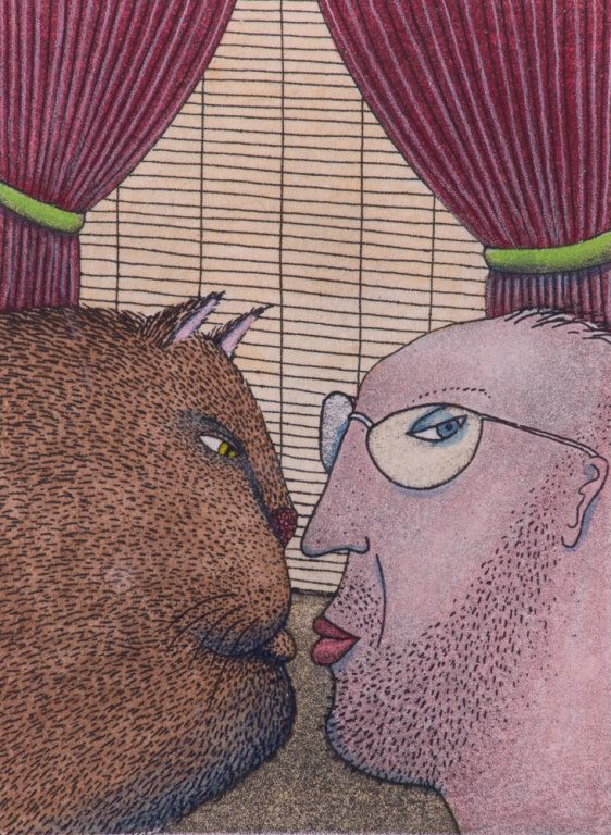 Anthony Green "Close Encounters" Litho: Titled "Close Encounter", numbered "69/300", and signed "A. Green" to bottom; double matted and framed under glass; measures approximately 11-1/2" x 9-3/4" with frame and has a sight image of approxim