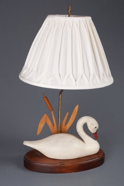 The Decoy Shop Swan Table Lamp: Swan decoy table lamp by The Decoy Shop Freeport Maine, signed H.Heap III Prop.; marked to bottom; measures approximately 26" tall, 15" wide, and 7-3/4" in depth; appears to be in good working conditi