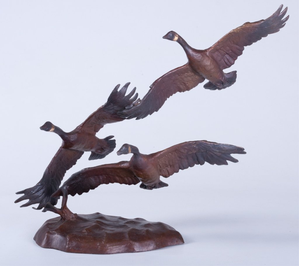 Jonathan Bronson "Autumn Flight" Bronze Sculpture: With brass placard to bottom that reads "Autumn Flight by Jonathan Bronson An Official Issue of the National Wildlife Federation FM 1983"; signed and dated to top of base; measures approximately 10-1/