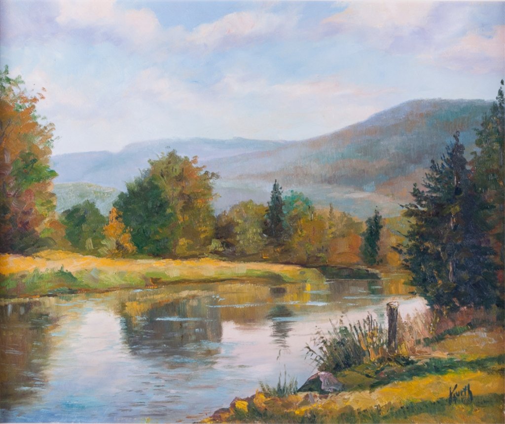Otto Kurth Oil on Masonite Landscape: Oil on masonite "Valley Stream at Peaceful Valley Catskills" by Otto Kurth; titled, signed, and dated 1958 verso; signed LR; measures approximately 25-7/8" x 29-3/4" with frame and has a sight image o