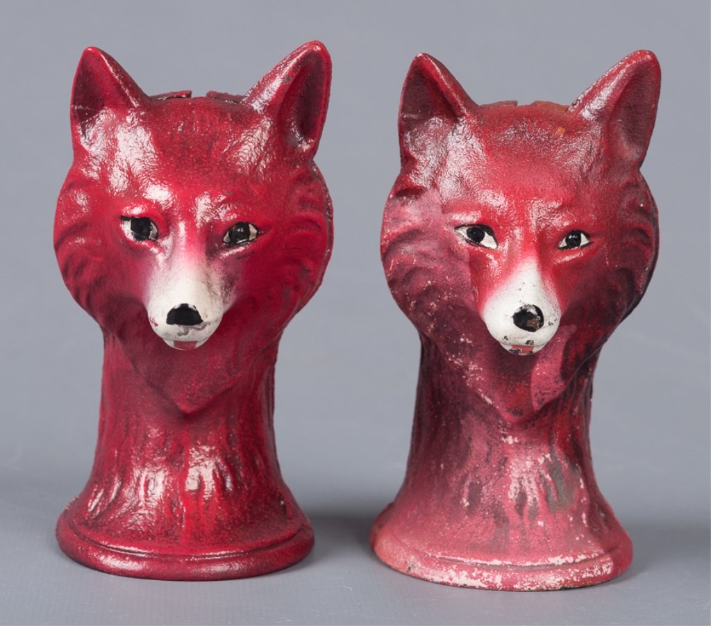 Reproduction Cast Iron Red Fox Banks, Two (2): Two reproduction cast iron red fox banks; measure approximately 4-1/2" high, each. Unmarked. Both in good condition, consistent with age and use.