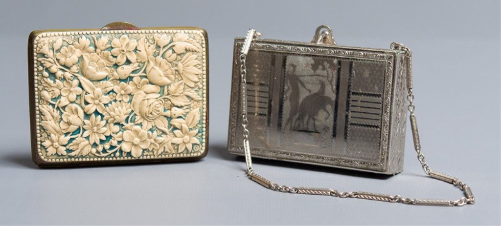 Art Deco Makeup Case & Coin Purse Set: Coin purse, circa 1930s, Bakelite or celluloid carved outer case and red silk lining, with three open inner compartments and one inner compartment with clasp; measures approximately 2-1/2" x 3"; in fa