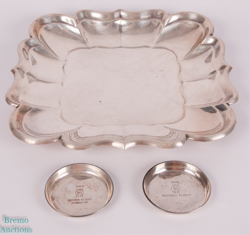 Vintage Sterling Silver Platter & Coaster Trophies: Includes two small S. Kirk & Son sterling silver trophy plates (one says "1958 Second Flight" and one says "1963 Second Flight Runner-Up") as well as a large Sterling silver square trophy plate that r
