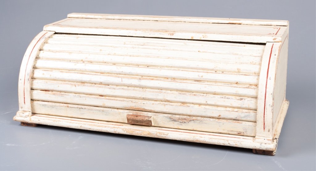 Antique Roll-Top Wooden Bread Box: Original white paint with red design; measures approximately 7-1/2" tall, 20" wide, and 10-1/2" deep; in fair overall condition with age appropriate wear and in need of cleaning.