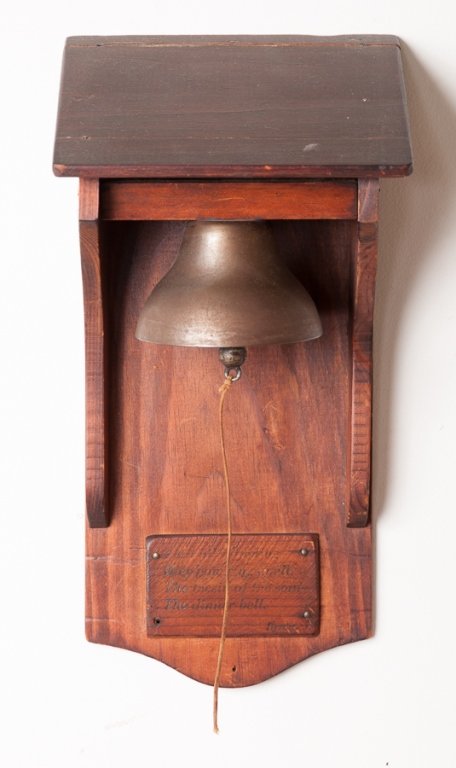Antique Wooden Dinner Bell w/ Byron Poem: Byron poem to bottom placard reads "That all softening/ O'er pow'ring knell/ The locain of the soul-/ The dinner bell."; measures approximately 14-3/4" tall, 7-1/2" wide, and 5-1/2" deep; in good over