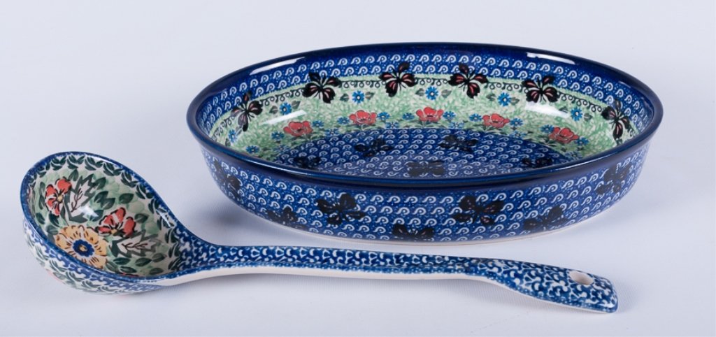 J. Palka Unikat Polish Pottery Casserole Dish: With ladle; dish marked and signed to bottom; dish measures approximately 2-1/4" tall, 12" long, and 8-3/8" wide; ladle measures approximately 12-5/8" long; both in good overall condition.