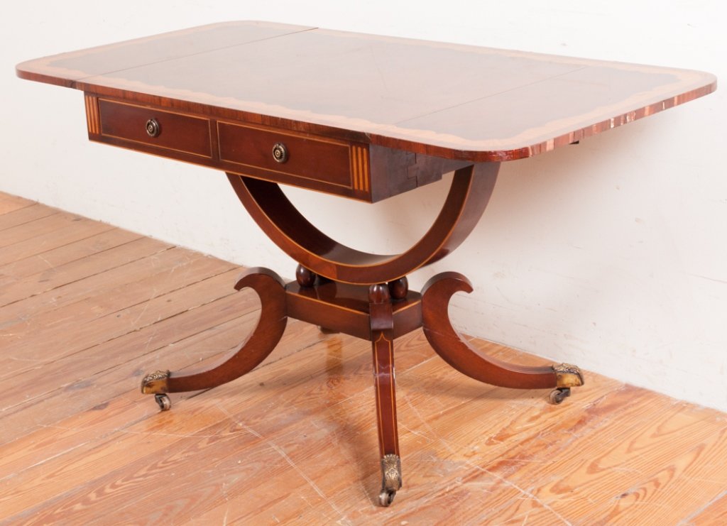 J. Zonon Drop Leaf Breakfast Table: J. Zonon mahogany drop leaf breakfast table with satinwood and (rosewood?) inlay, fluted and string inlay to the apron and drawer front, Duncan Phyfe style base with string inlay and brass capped feet