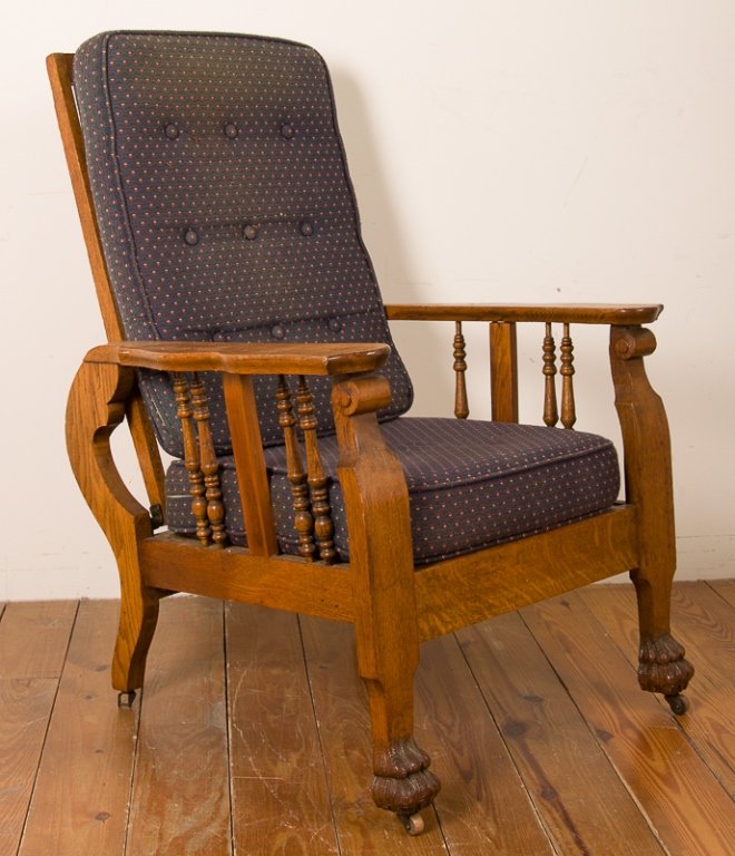 Cook and Co. Upholstered Reclining Chair: Cook and Co. Morris style Automatic Chair patented in 1901; features a heavy oak frame, five reclining positions, and cushioned seat and back rest; original "Cook & Co." placard to bottom back support