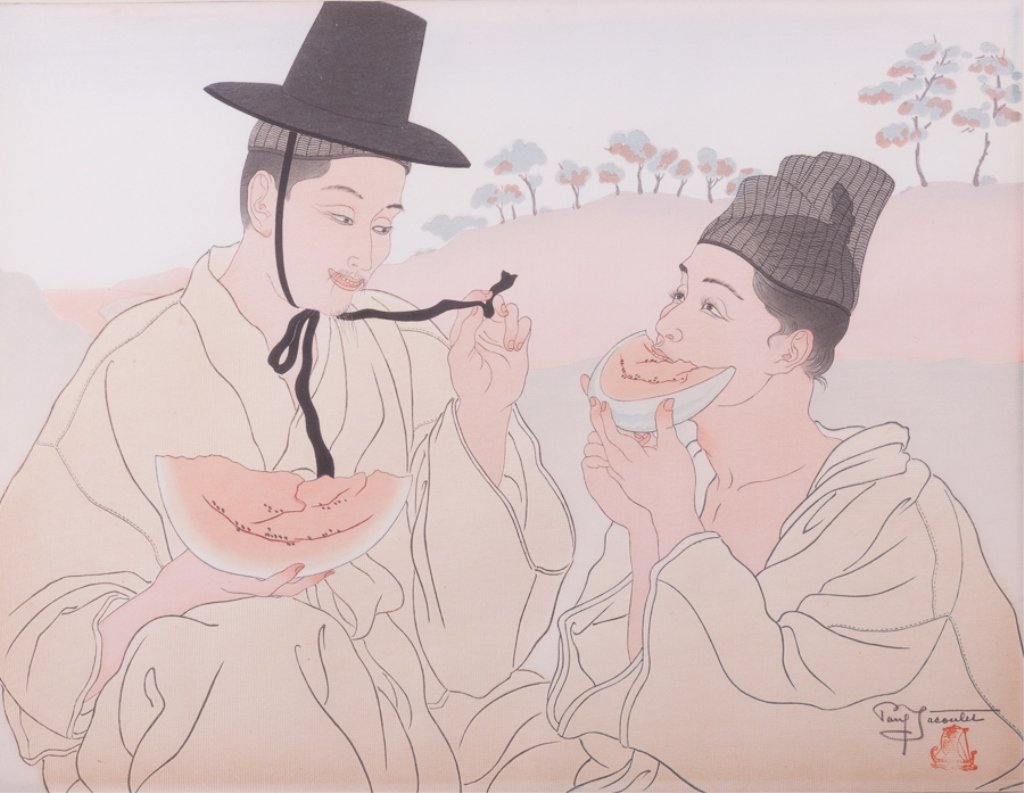 Paul Jacoulet Woodblock Print: Paul Jacoulet (1896-1960) Les Pasteques. "Jo-noku-ri, Coree" woodblock print framed under glass with pencil signature and "boat" seal to bottom right of image; measures approximately 18-1/4" x 21-1/2"