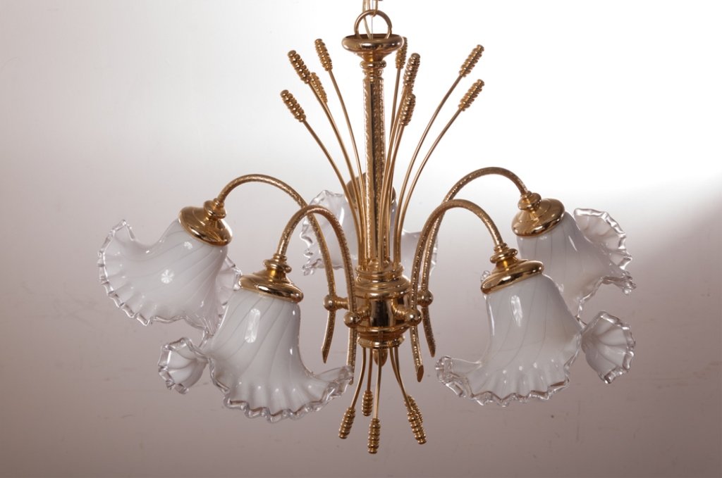 Brass Chandelier w/ Ruffled Glass Shades: With five arms; marked "Made in Spain" to fixture cover; measures approximately 40-1/2" long from fixture cover and 27" in diameter; appears to be in Good working condition but has not been tested.