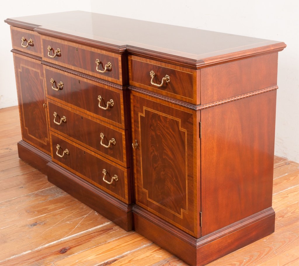 Councill Craftsman Mahogany Block Front Sideboard: Councill Craftsman Inc. mahogany block front sideboard (with two keys) having banded and string inlay to the top, drawers and door fronts with gadrooned molding; measures approximately 34-1/2" high, 6