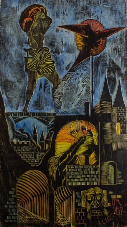 Edison Benicio da Luz Woodblock Carving: Edison Benicio da Luz (Brazil, 20th-21st century) "O Homen e o Realidade" colored woodblock carving in the surrealist style with various figural and architectural depictions; signed to bottom right co