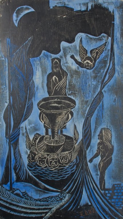 Edison Benicio da Luz Woodblock Carving: Edison Benicio da Luz (Brazil, 20th-21st century) "Cristo Sobe Ao Ceu" woodblock carving depicting a modernist religious scene in varying shades of blue; signed to bottom right corner "E. Luz" as well