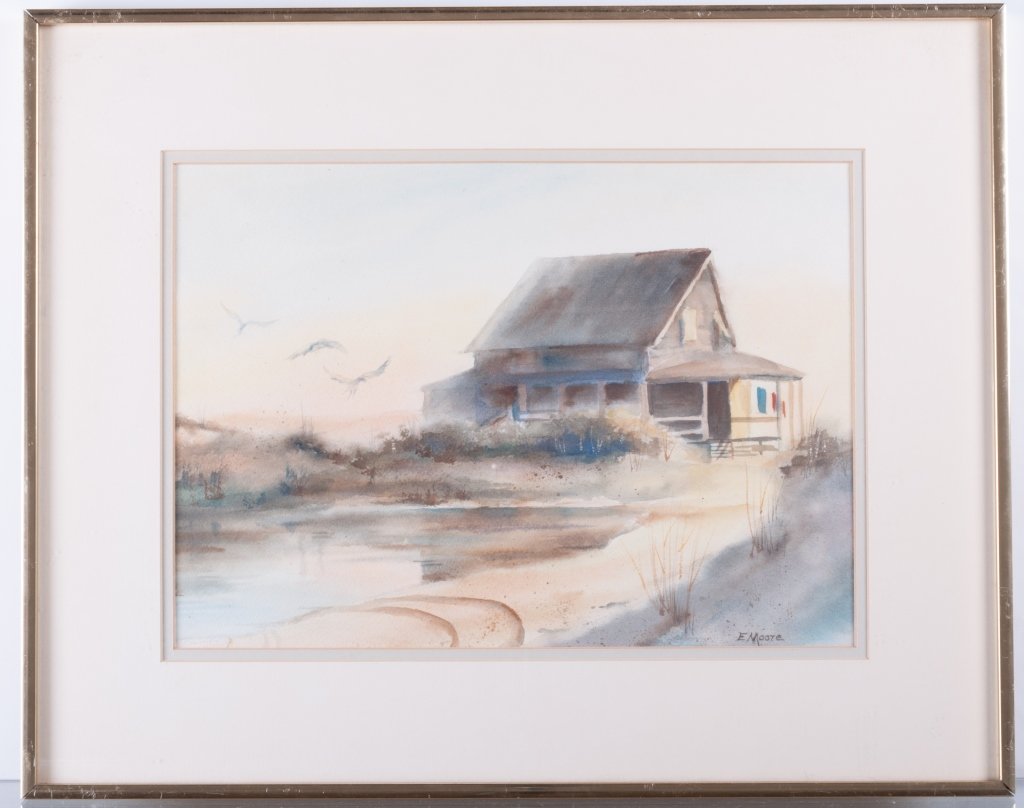 Elizabeth Moore "Last Night it Rained" Watercolor: Framed "Last Night It Rained" watercolor by Elizabeth Moore; measures approximately 16-1/4" x 20-3/8" with sight image of approximately 9-7/8" x 13-7/8". Signed to lower right "E. Moore". Marked to ve