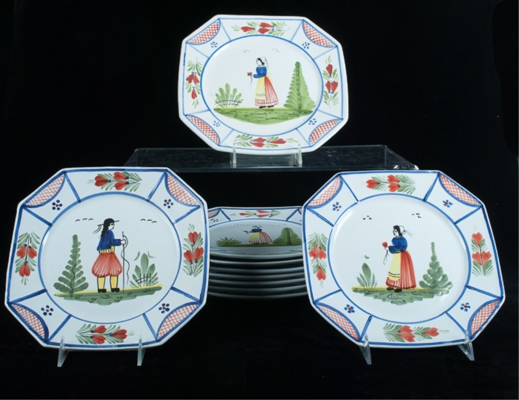 HB Quimper Faience Pottery Plates, Set of Ten (10): Beautiful set of ten (10) French HB Quimper Faience Pottery plates, each makers marked with other markings (see photographs) to back. Five (5) depict a male in the center and five (5) depict a female.